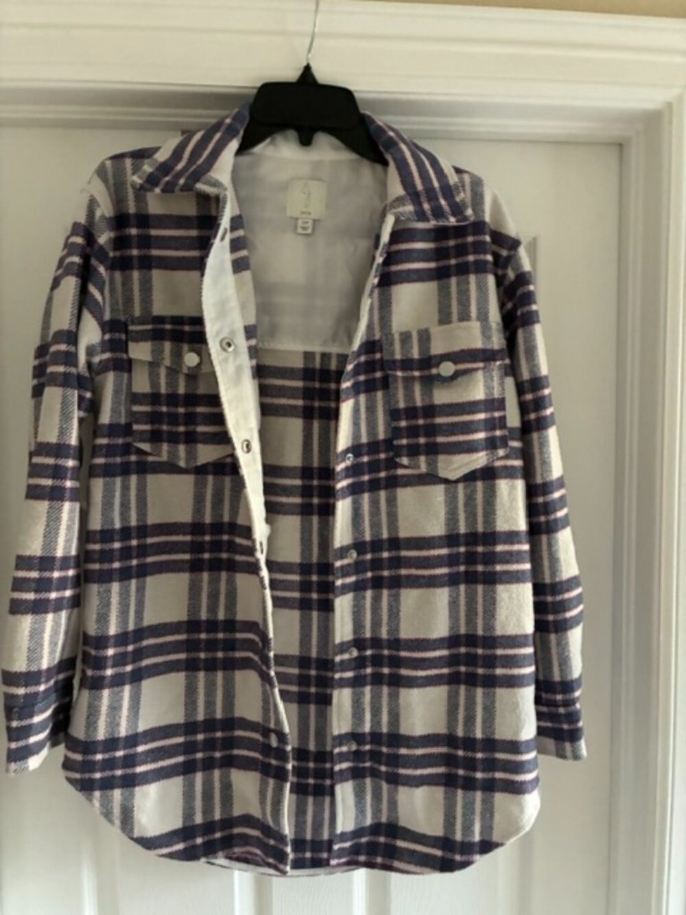Joie Women’s Plaid Flannel Shacket Jacket Size Small White Blue Red Snap Button
